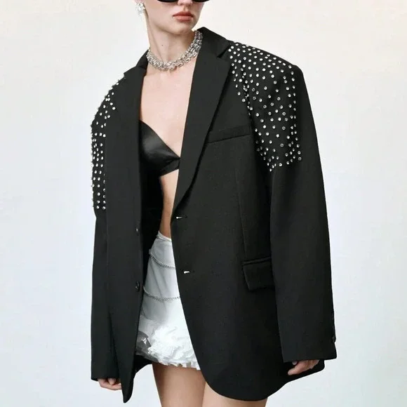 Black Elegant Formal Women's Oversized Rhinestone detailed Blazer - Picture 8 of 9